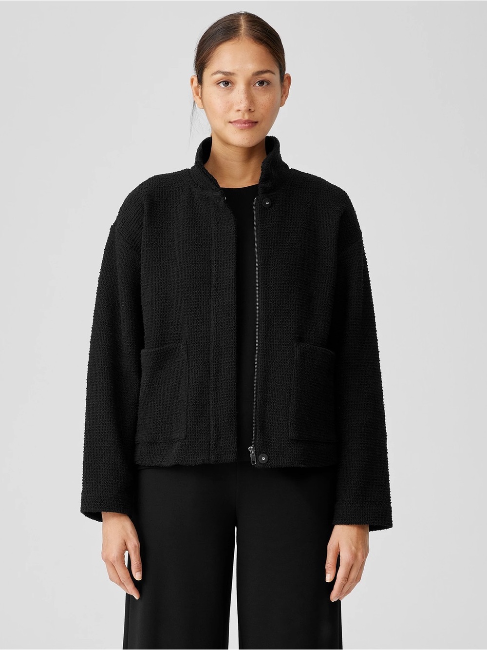 EILEEN FISHER Organic-Cotton Bouclé Stand-Collar Tweed Jacket